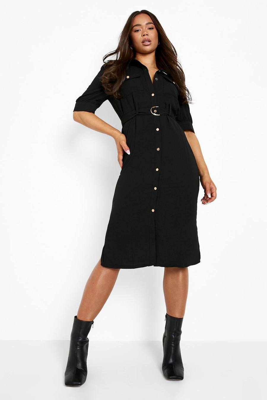 Black Puff Sleeve Utility Midi Shirt Dress image number 1