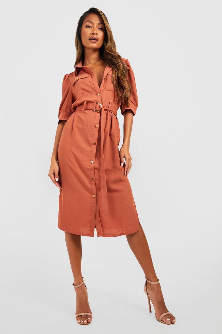 Rose Puff Sleeve Utility Midi Shirt Dress image number 1