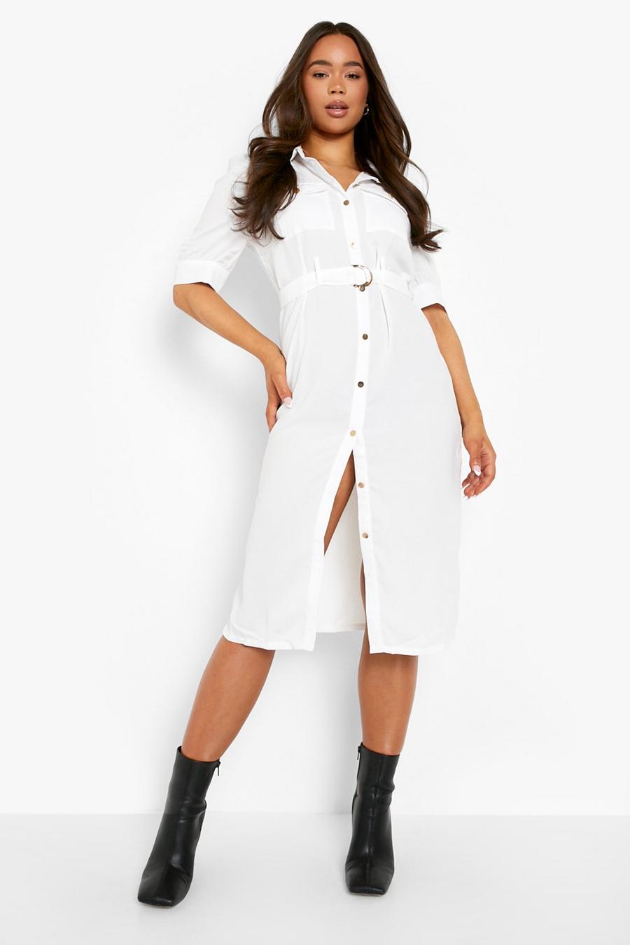 White Puff Sleeve Utility Midi Shirt Dress