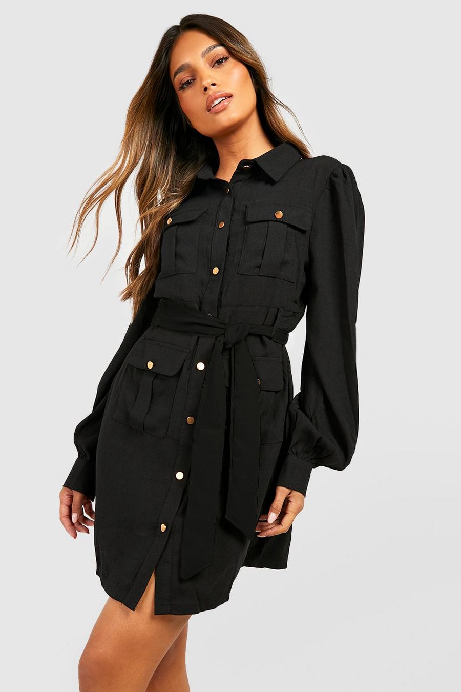 Black schwarz Utility Pocket Detail Shirt Dress