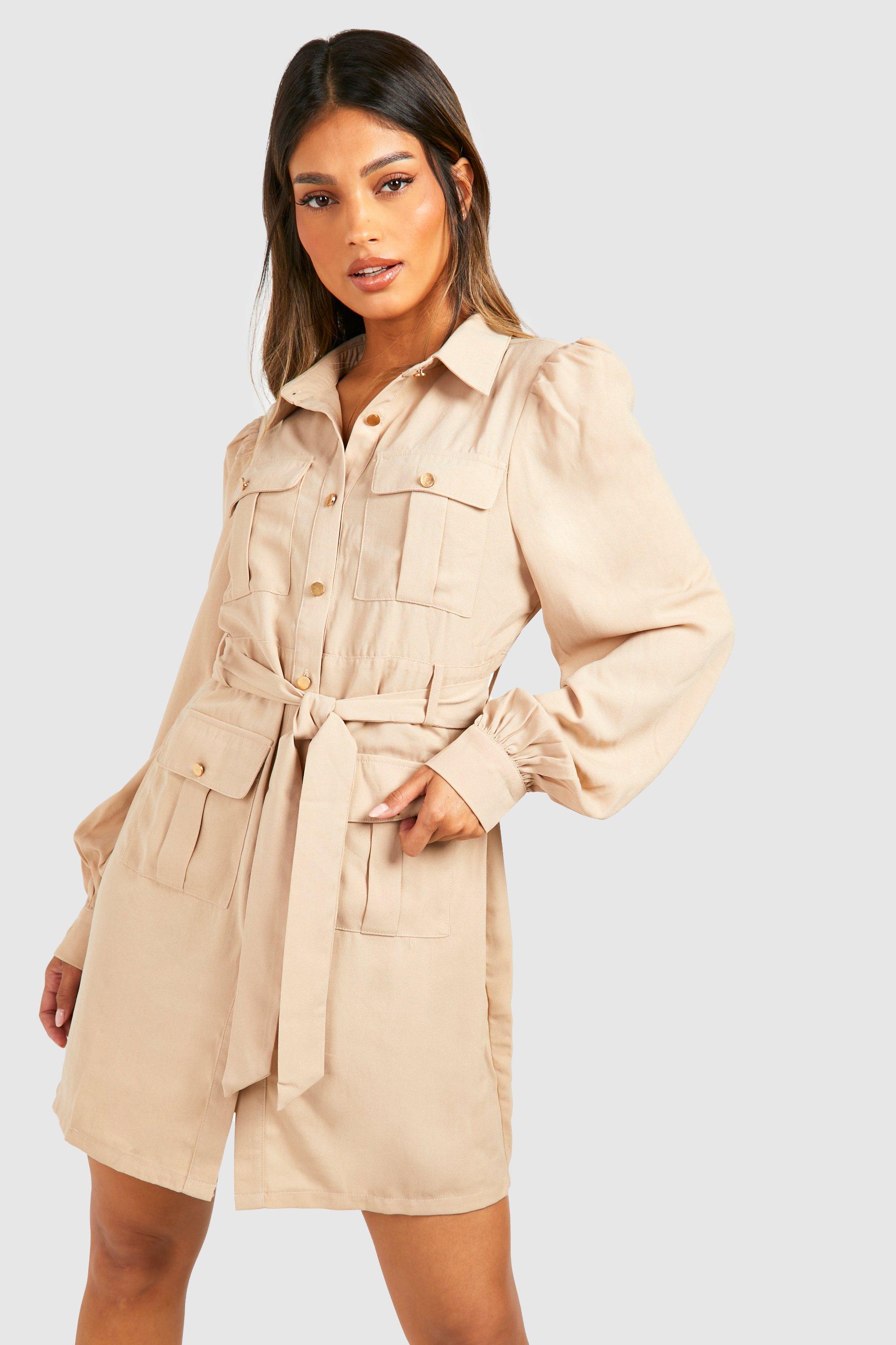 Camel utility tie store waist shirt dress