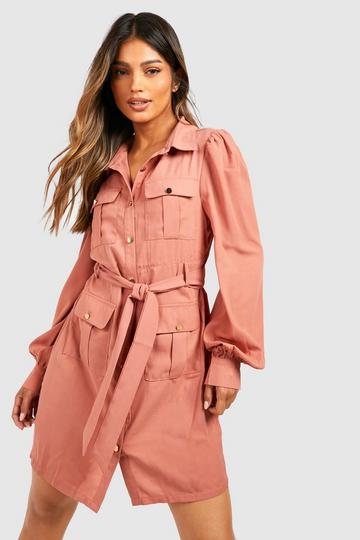 Rose Pink Utility Pocket Detail Shirt Dress