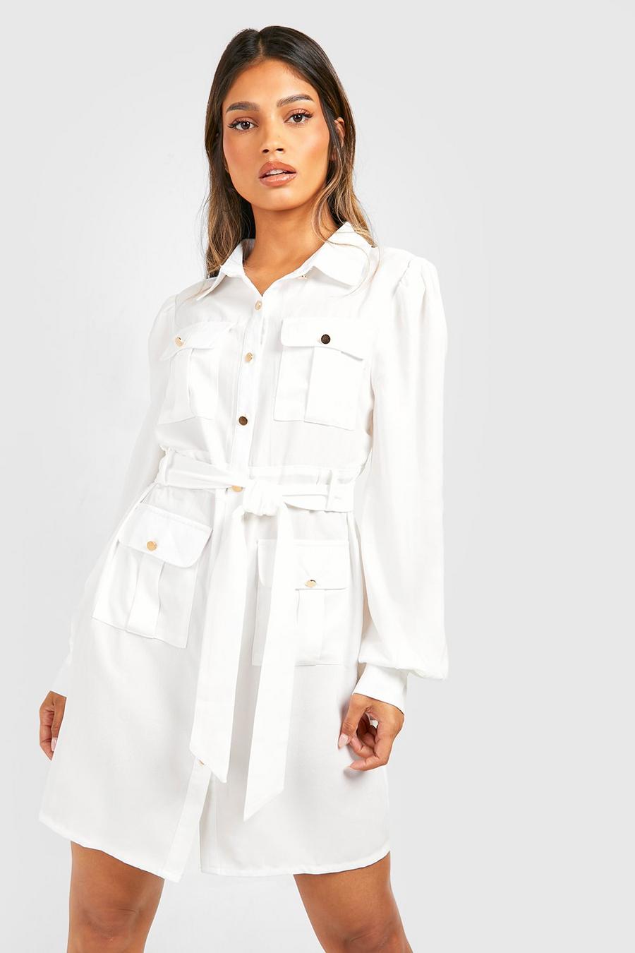 White Utility Pocket Detail Shirt Dress image number 1