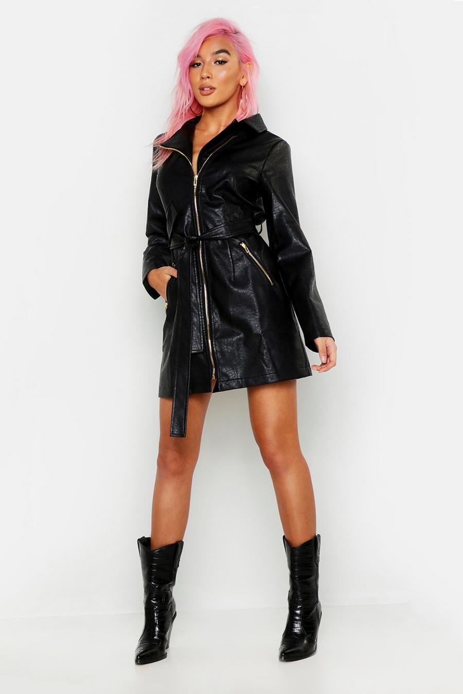 Black Leather Look Utility Blazer Dress