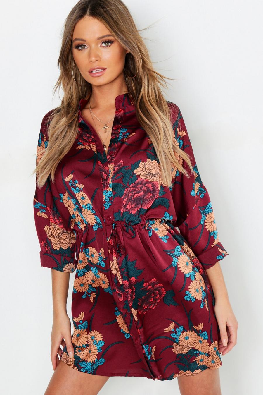 Berry Floral Print Luxe Shirt Dress image number 1