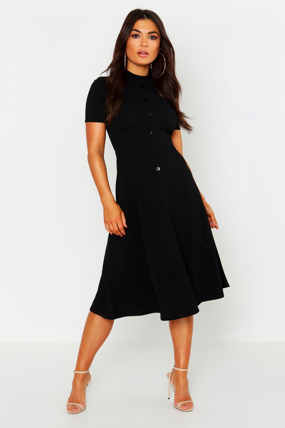 black button skater dress