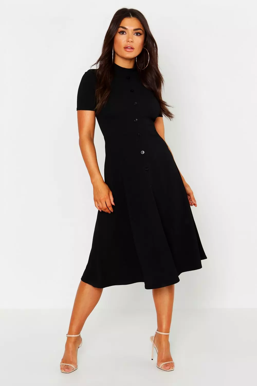 Boohoo black button store dress