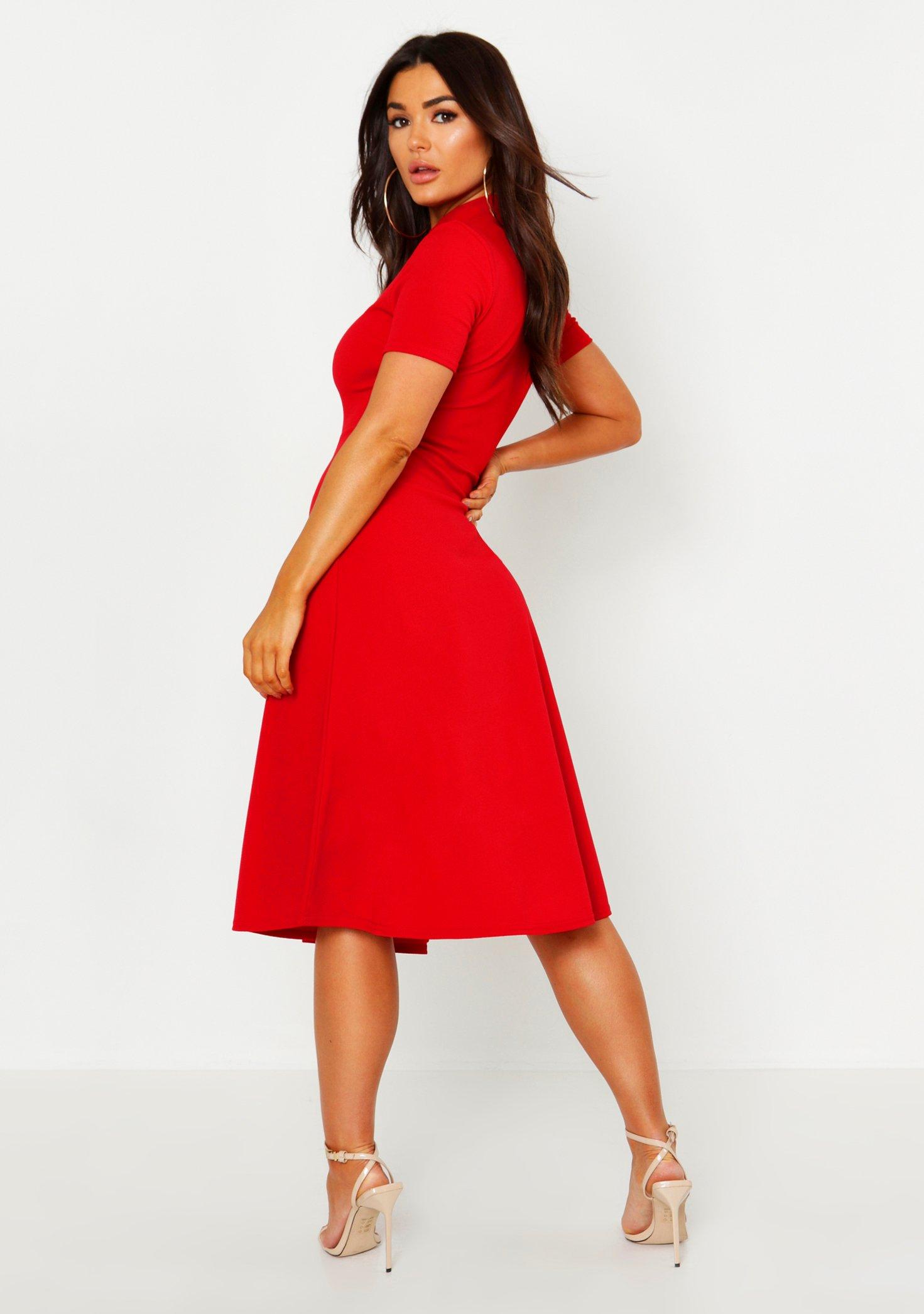 red high neck skater dress