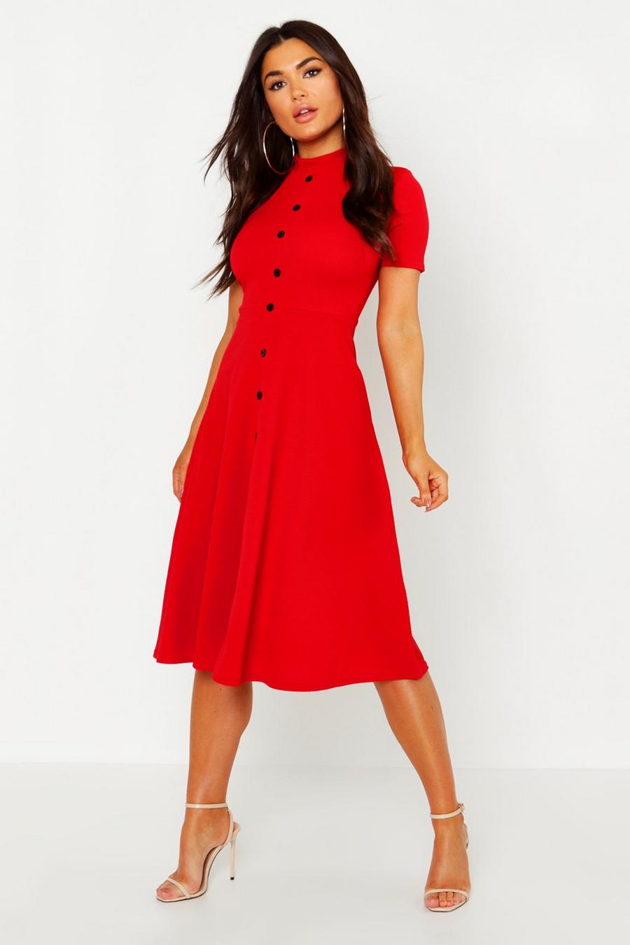 Hochgeschlossenes Skater-Kleid mit Knopf-Detail, Rot rouge