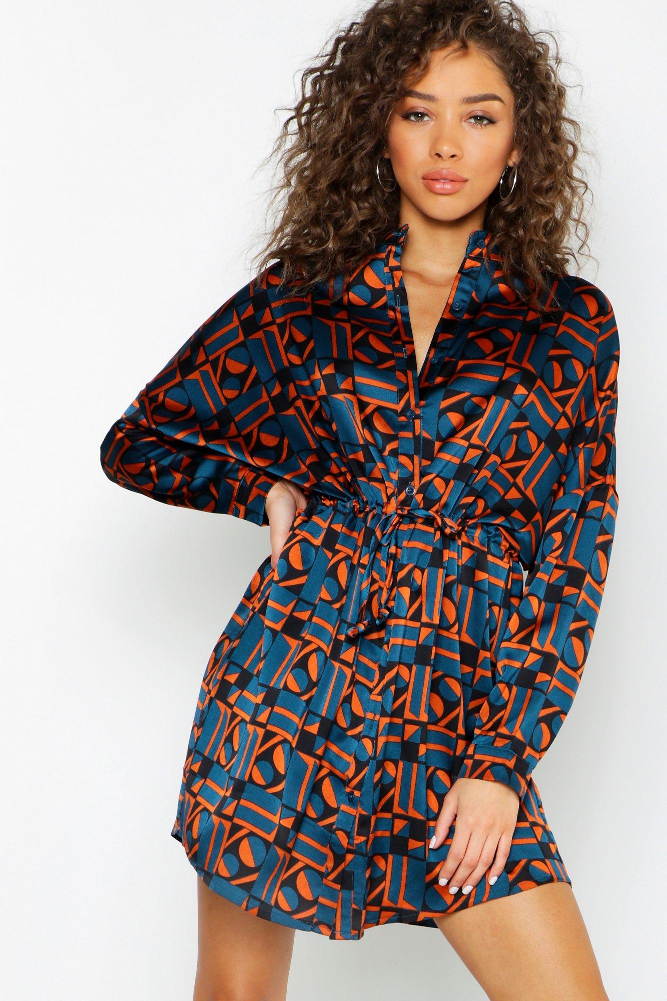 boohoo geo print shirt dress