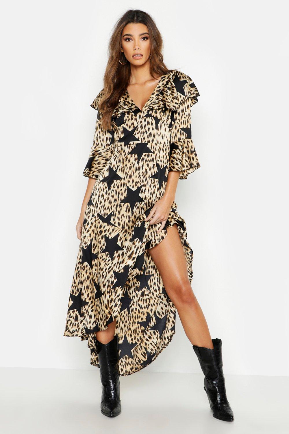 boohoo satin ruffle wrap dress in leopard