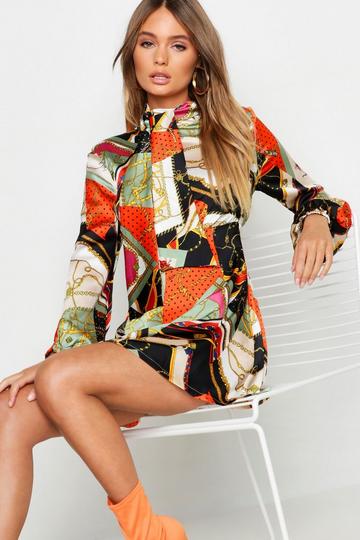 Kettingprint Skater Jurk Met Hals Strik roest