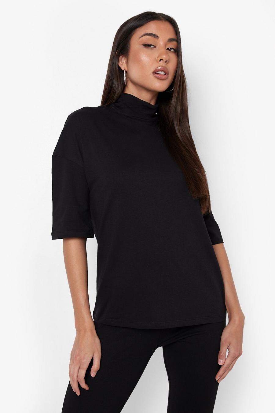 Black Basic Oversized High Neck 3/4 Sleeve T-Shirt image number 1
