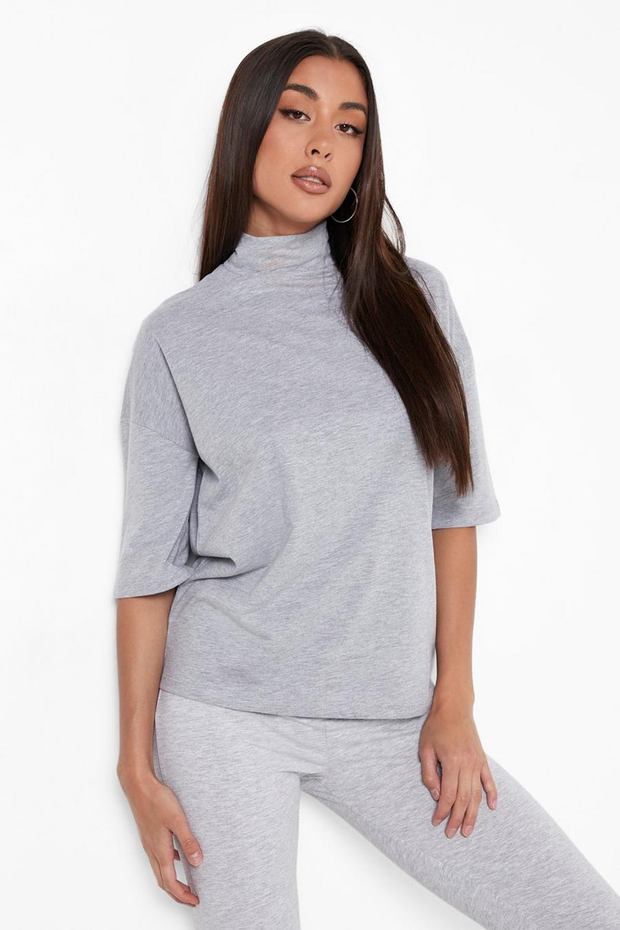 Grey marl Basic oversize t-shirt med hög krage och trekvartsärm image number 1