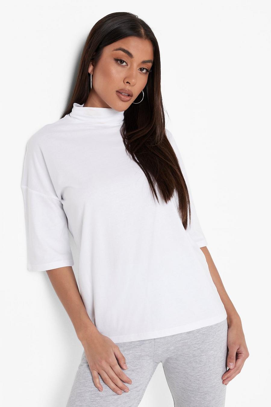 White Basic Oversized High Neck 3/4 Sleeve T-Shirt image number 1