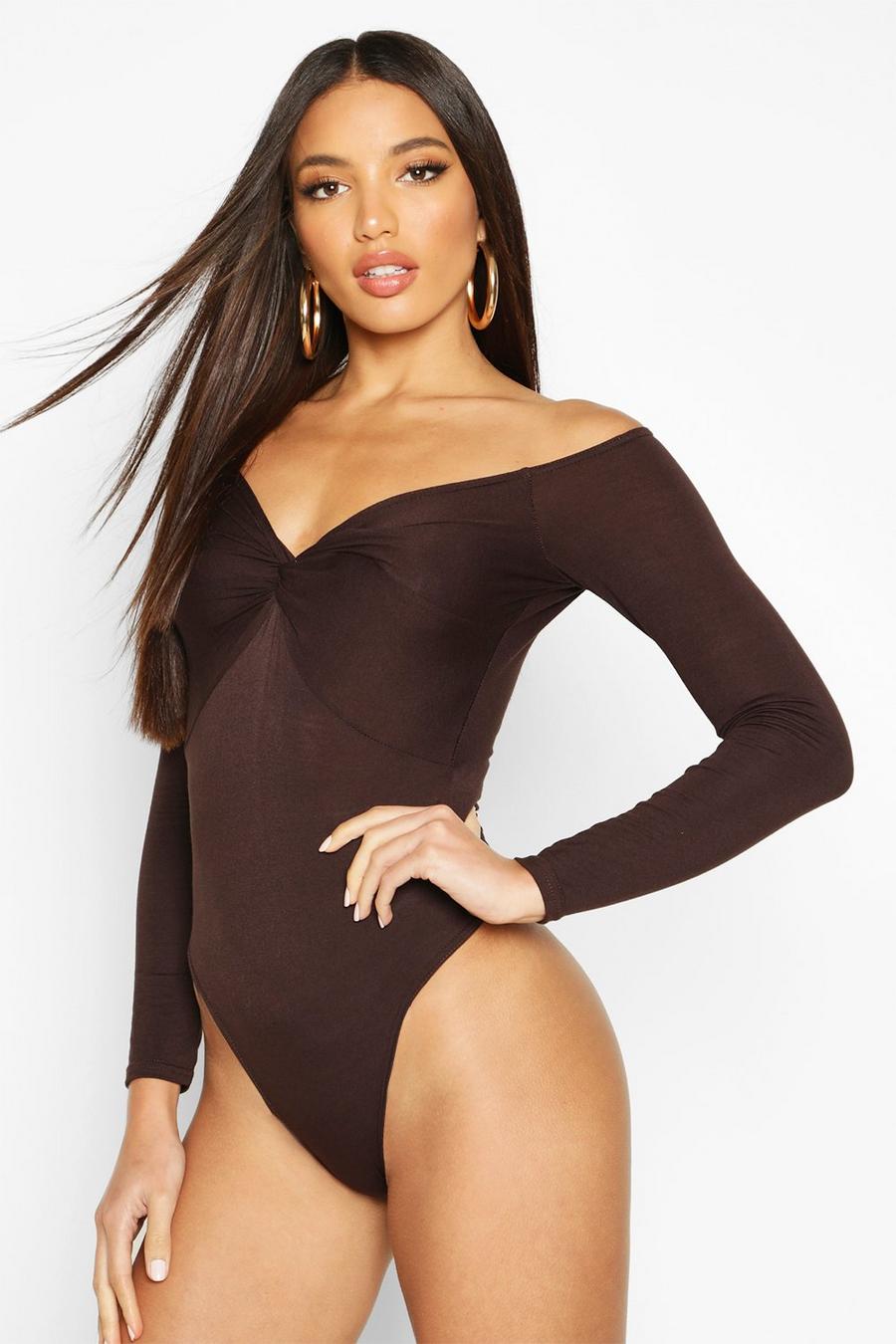 Chocolate brown Twist Front Off The Shoulder Bodysuit image number 1