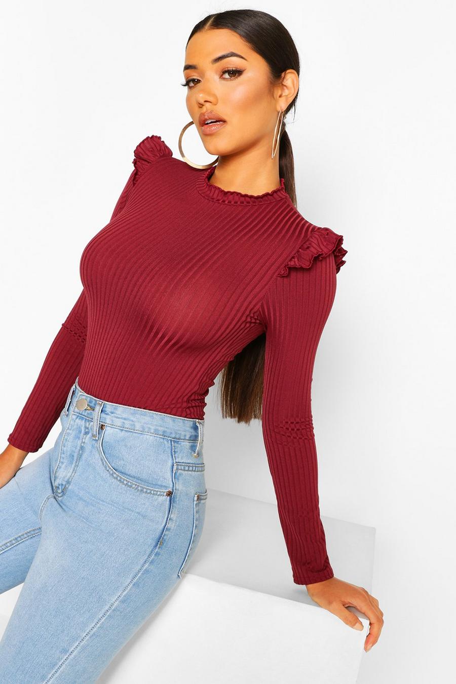 Berry Ruffle Neck And Shoulder Bodysuit image number 1