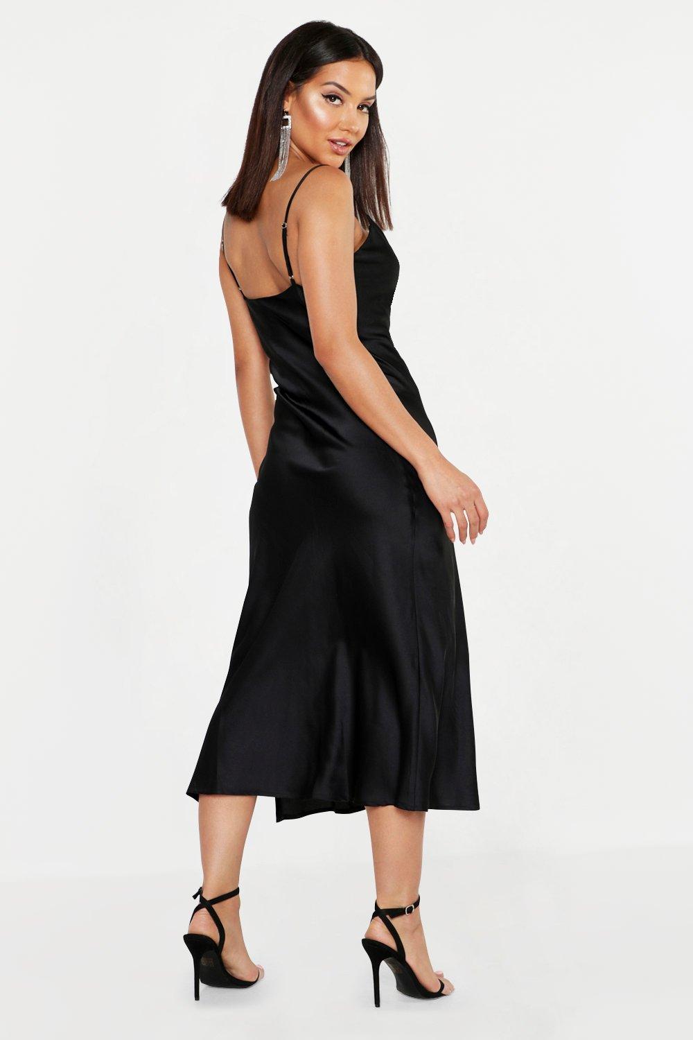 black satin slip midi dress