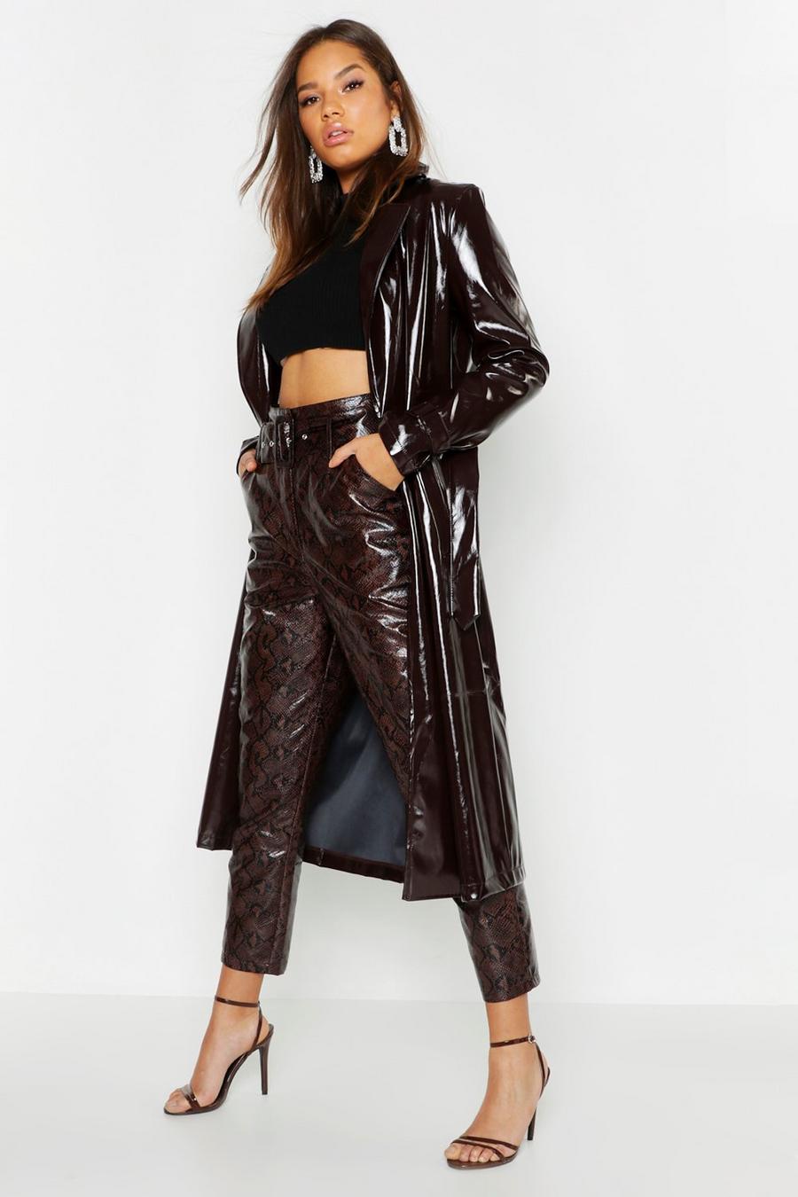 Chocolate PU Belted Trench Coat image number 1