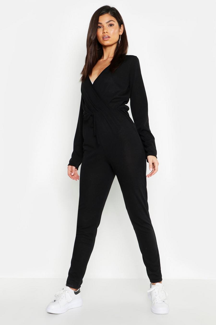 Black Wrap Tie Waist Knitted Jumpsuit image number 1