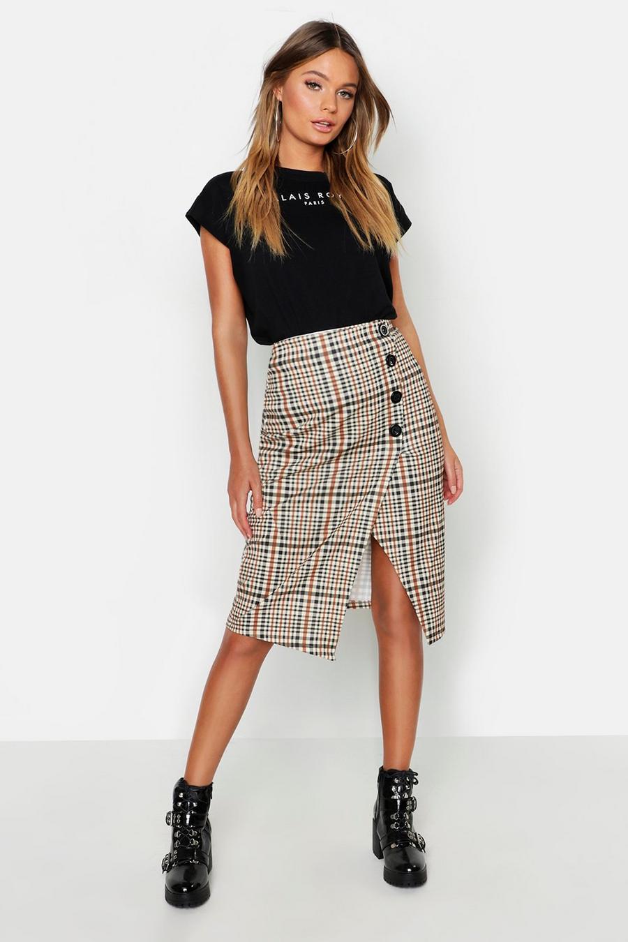 Checked Button Front Split Midi Skirt image number 1
