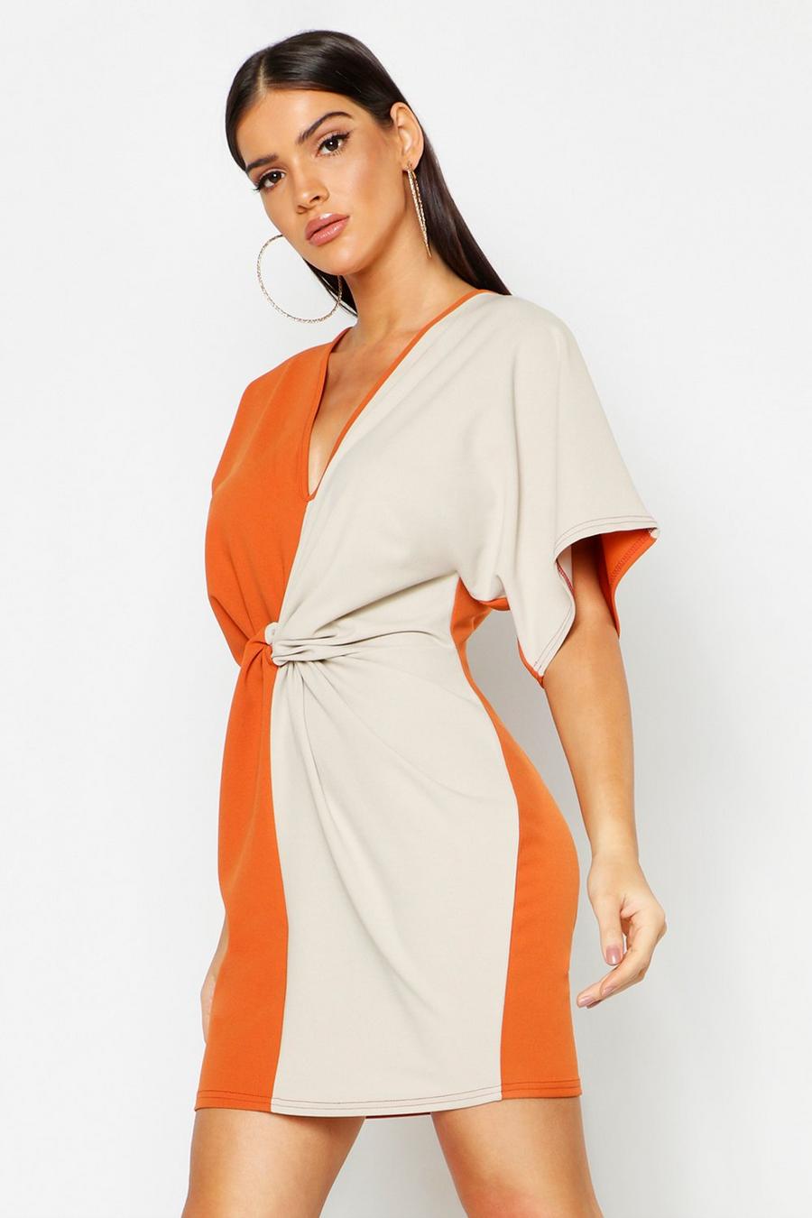 Terracotta Color Block Knot Front Bodycon Dress image number 1