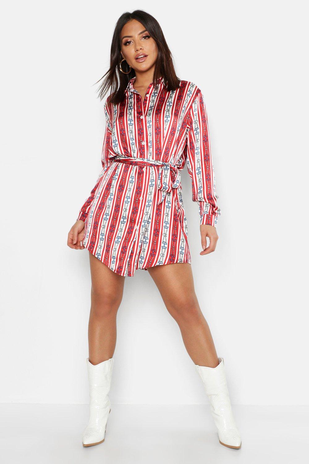 pink printed belted skater shirt dress