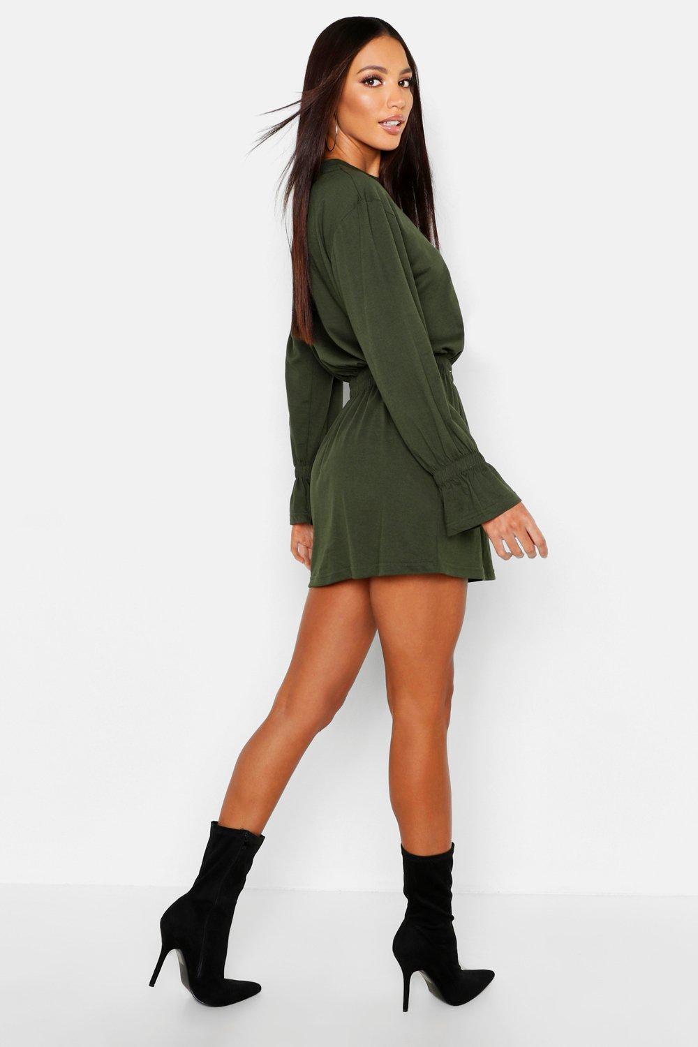 khaki dobby high neck shirred waist dress