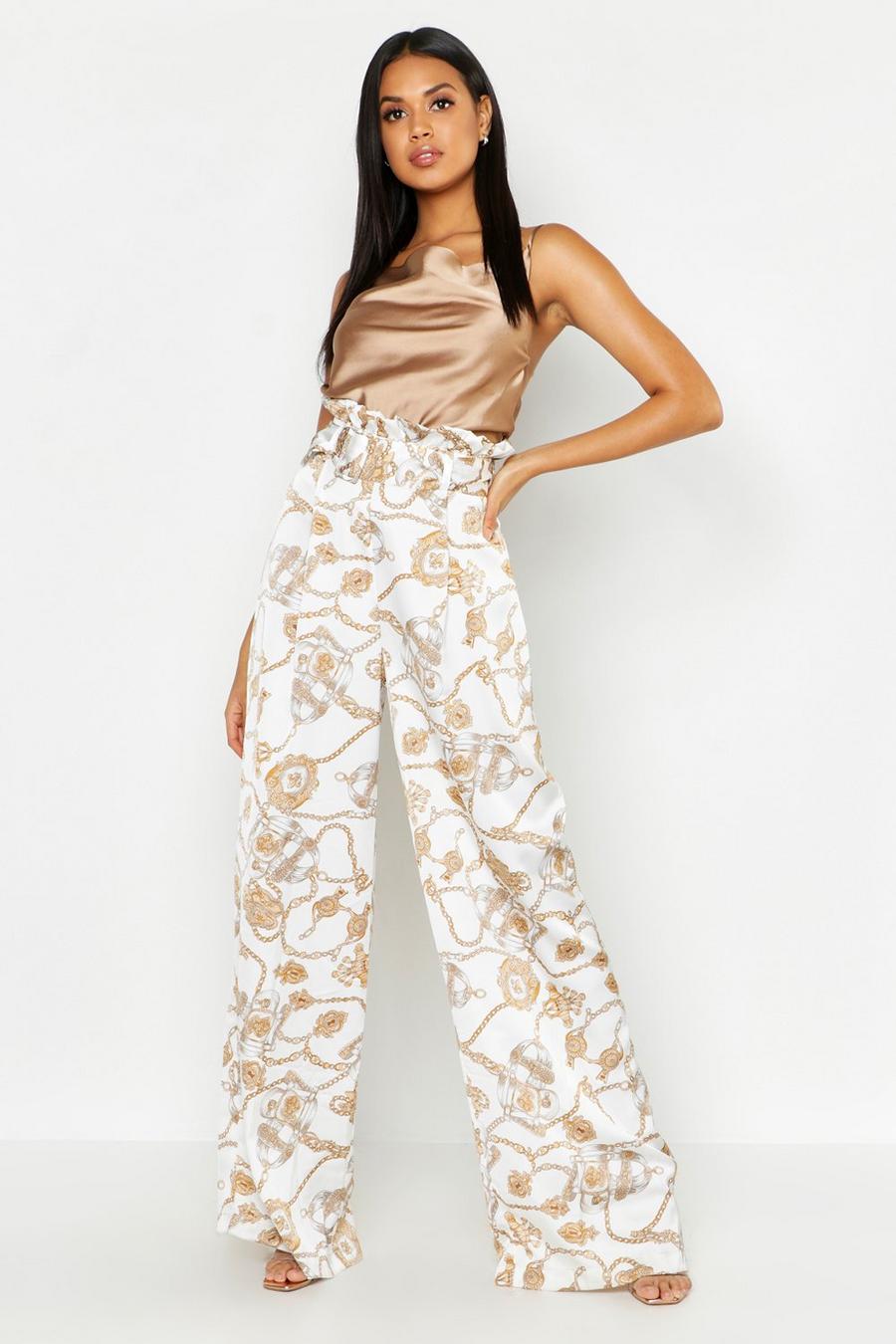 Satin Chain Print Belted Paperbag Pants image number 1