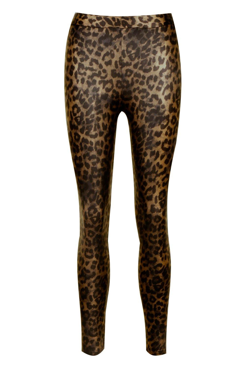 Attraco Women's Faux Leather Leggings Leopard Print Liquid Shine