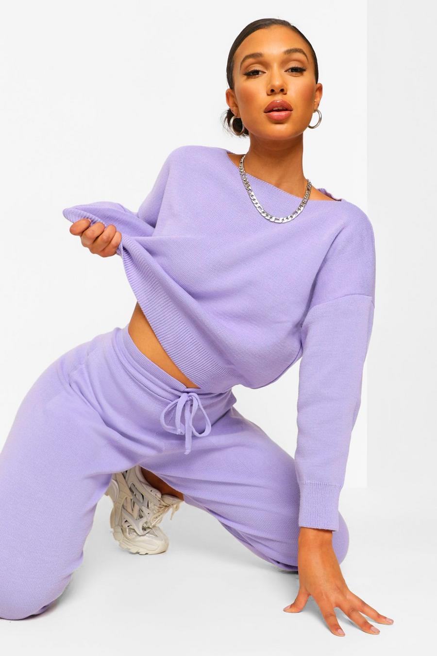Lilac Boat Neck Cropped Knitted Tracksuit image number 1