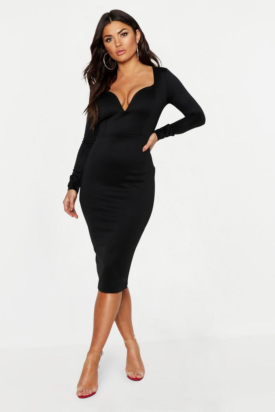 Black Plunge Neck Midi Dress