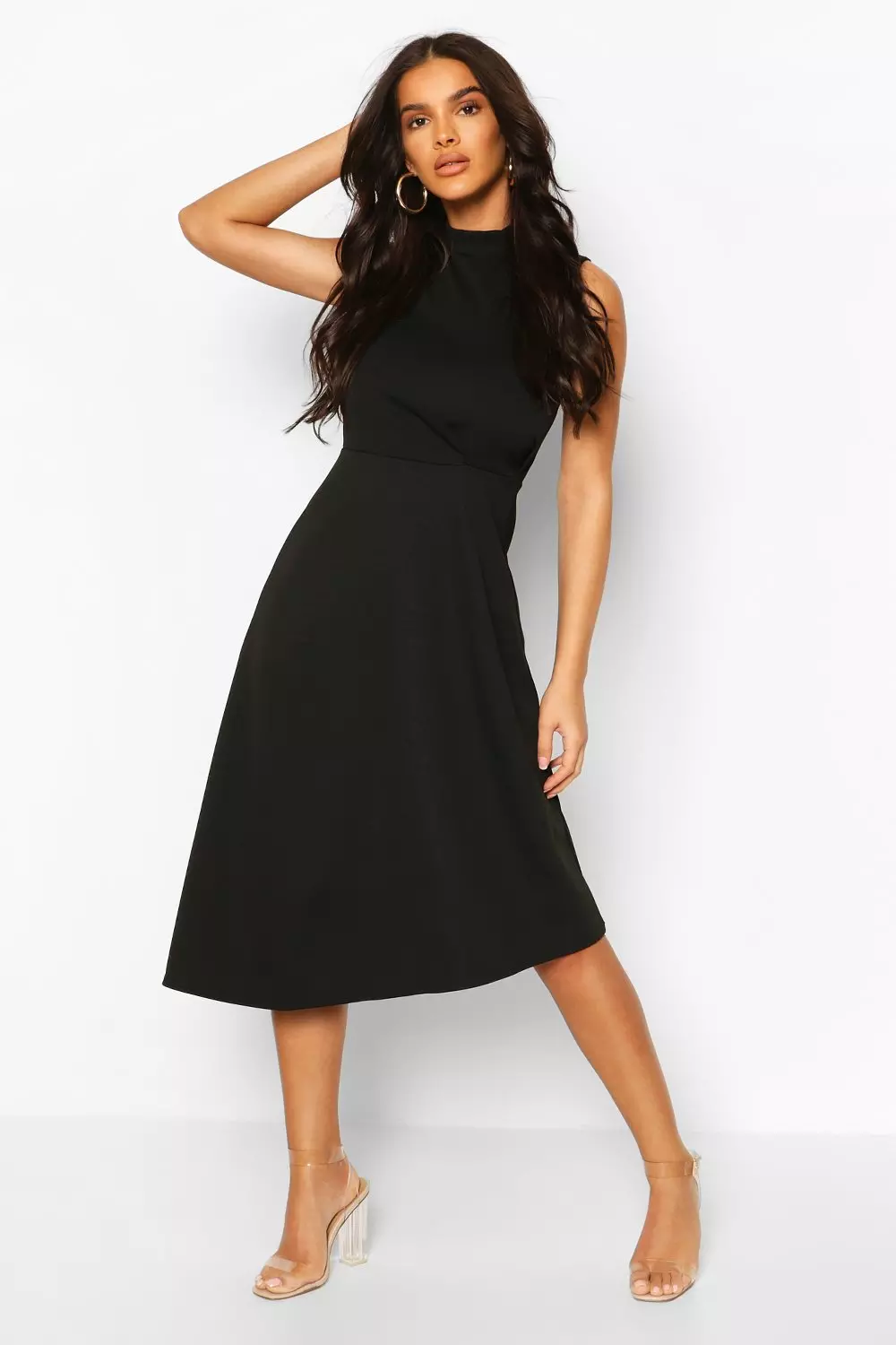 Black midi skater dress with sleeves best sale