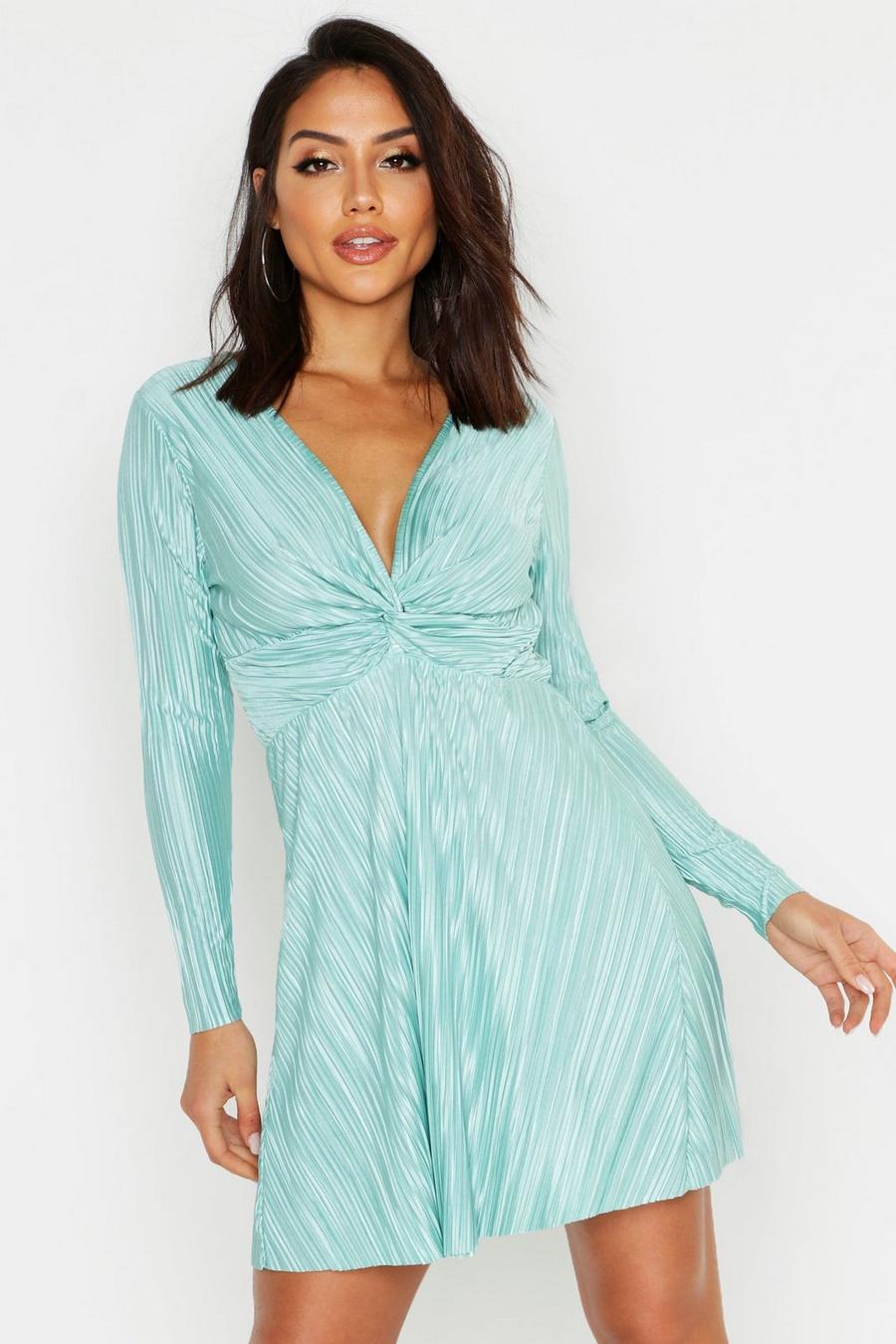 Mini robe plissée à nœud devant, Turquoise image number 1