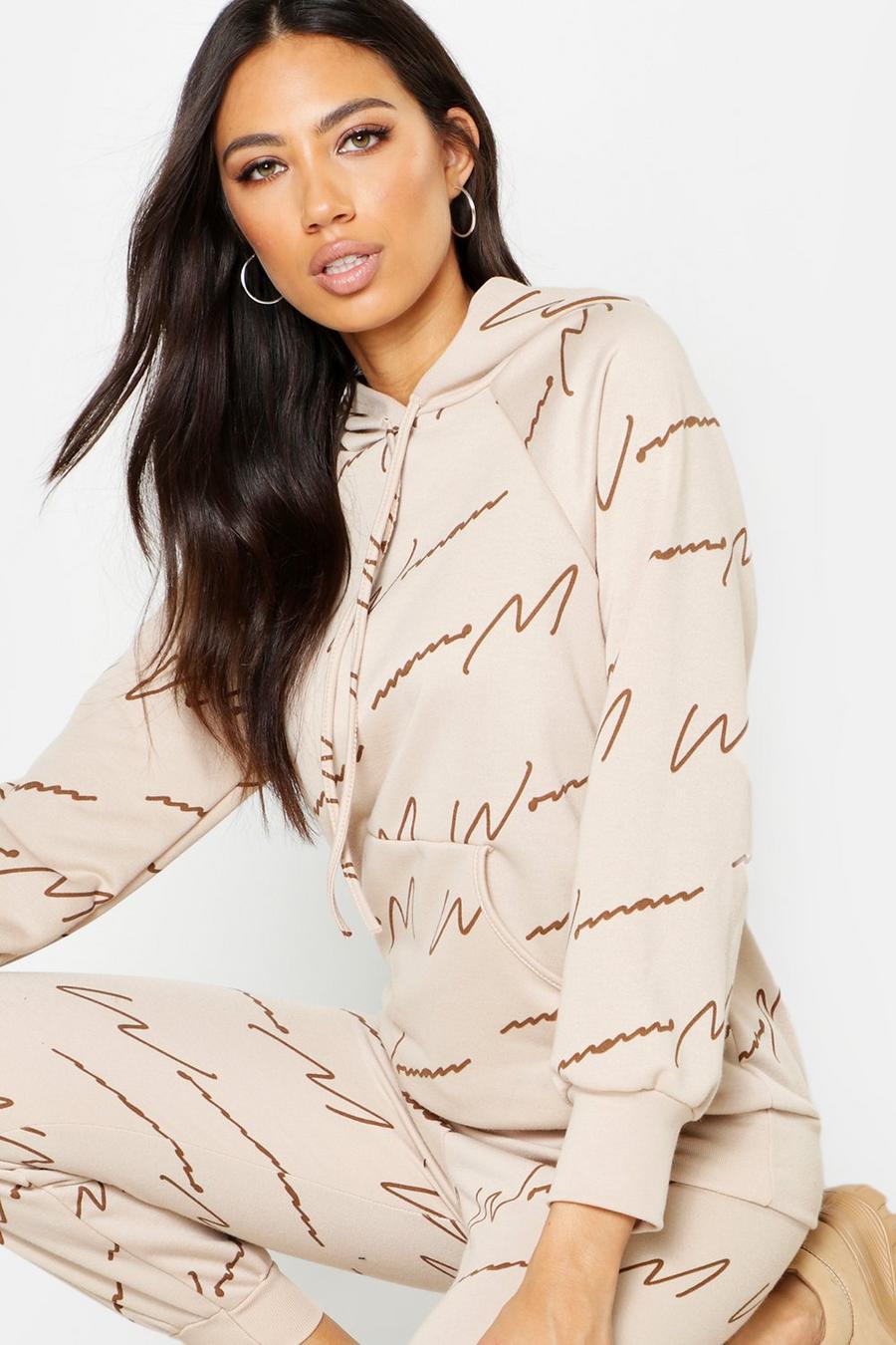 Beige Woman Script All Over Print Oversized Hoodie image number 1