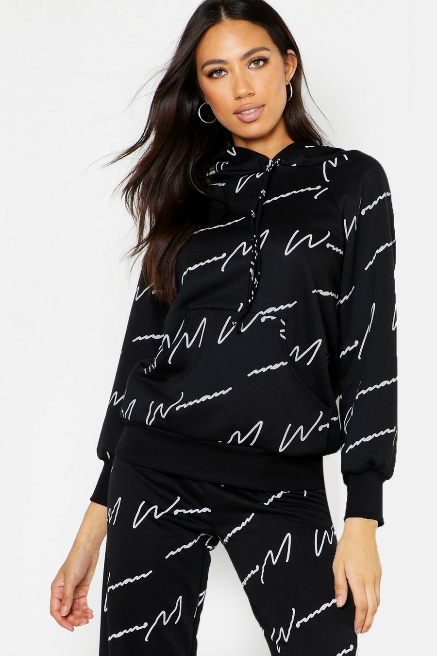 Black Woman Script Oversize hoodie med heltäckande mönster image number 1