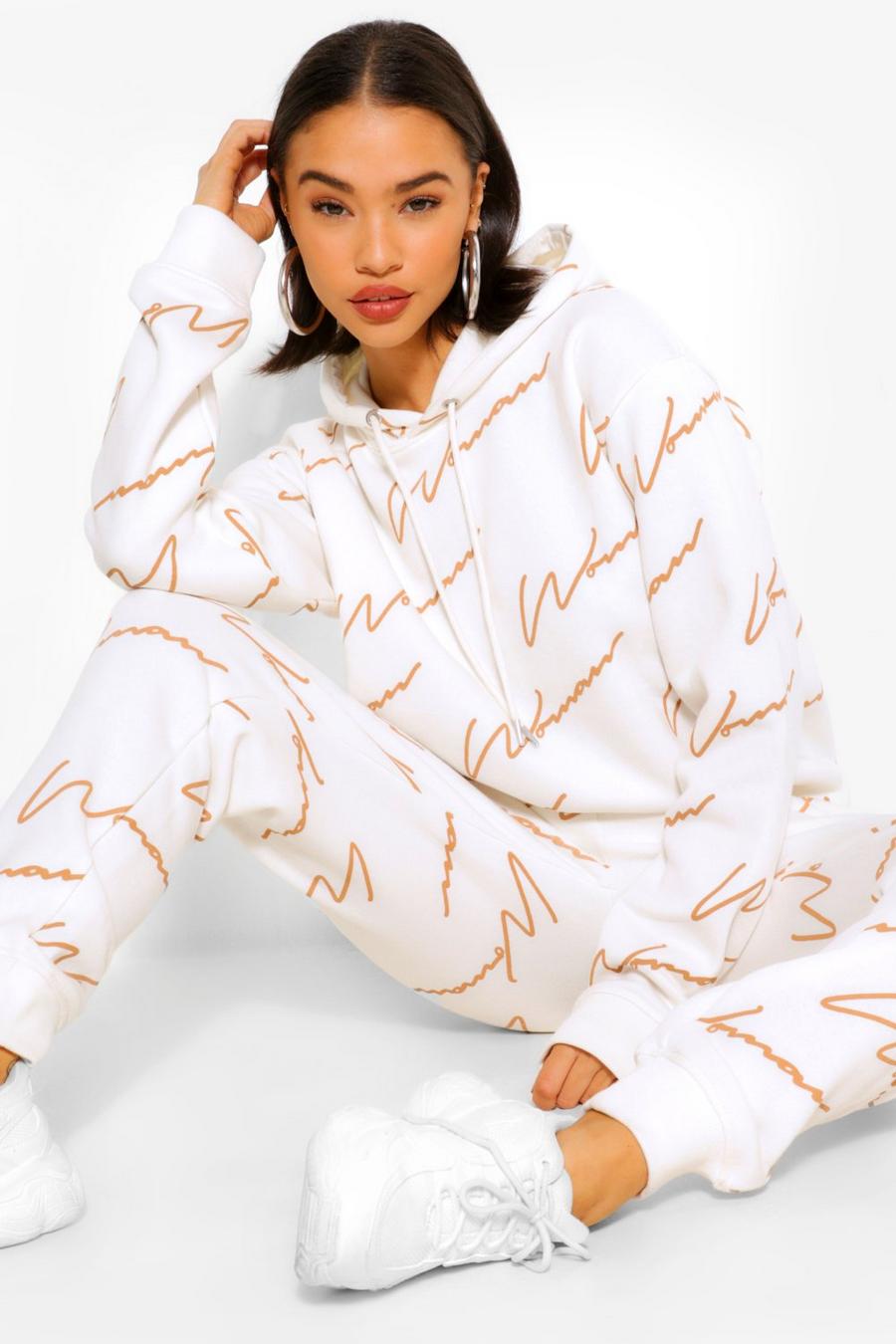 Ecru Woman Script Oversize hoodie med heltäckande mönster image number 1
