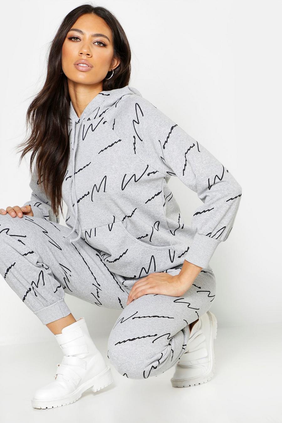 Grey Woman Script Oversize hoodie med heltäckande mönster image number 1