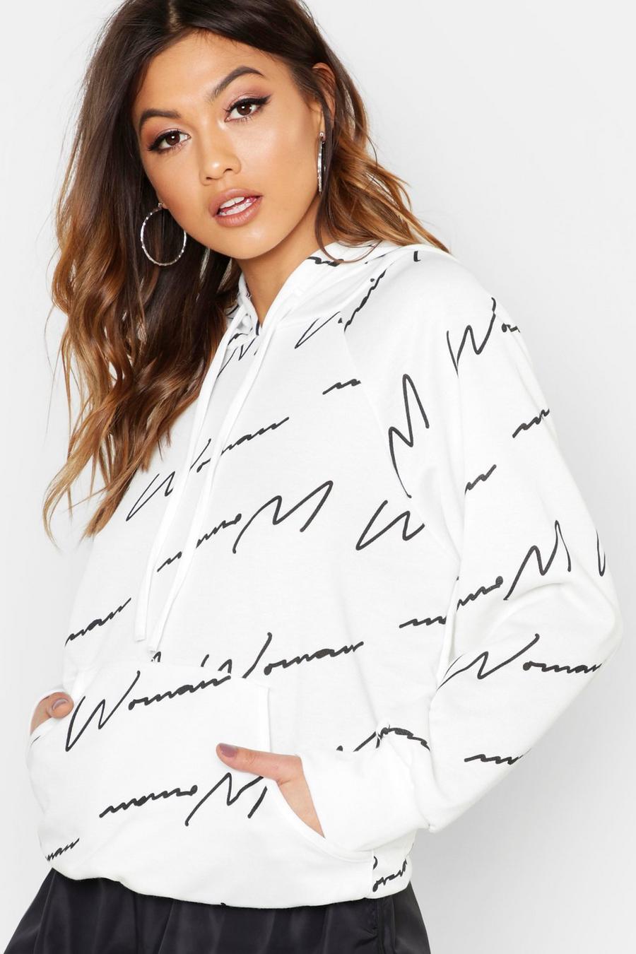 White Woman Script Oversize hoodie med heltäckande mönster image number 1