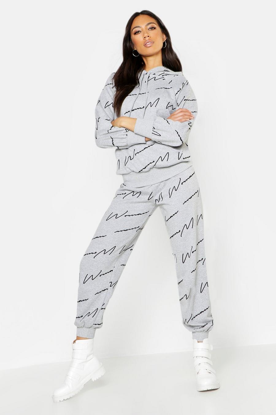 Grey Woman Script All Over Print Joggers image number 1