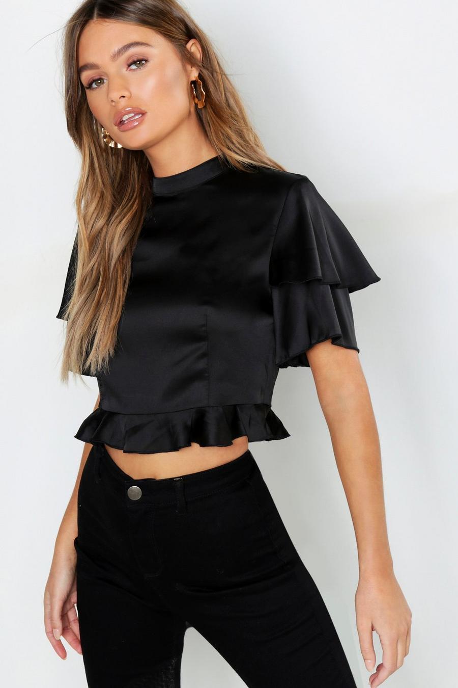 Black Satijnen Crop Top Met Engel Mouwen En Ruches image number 1