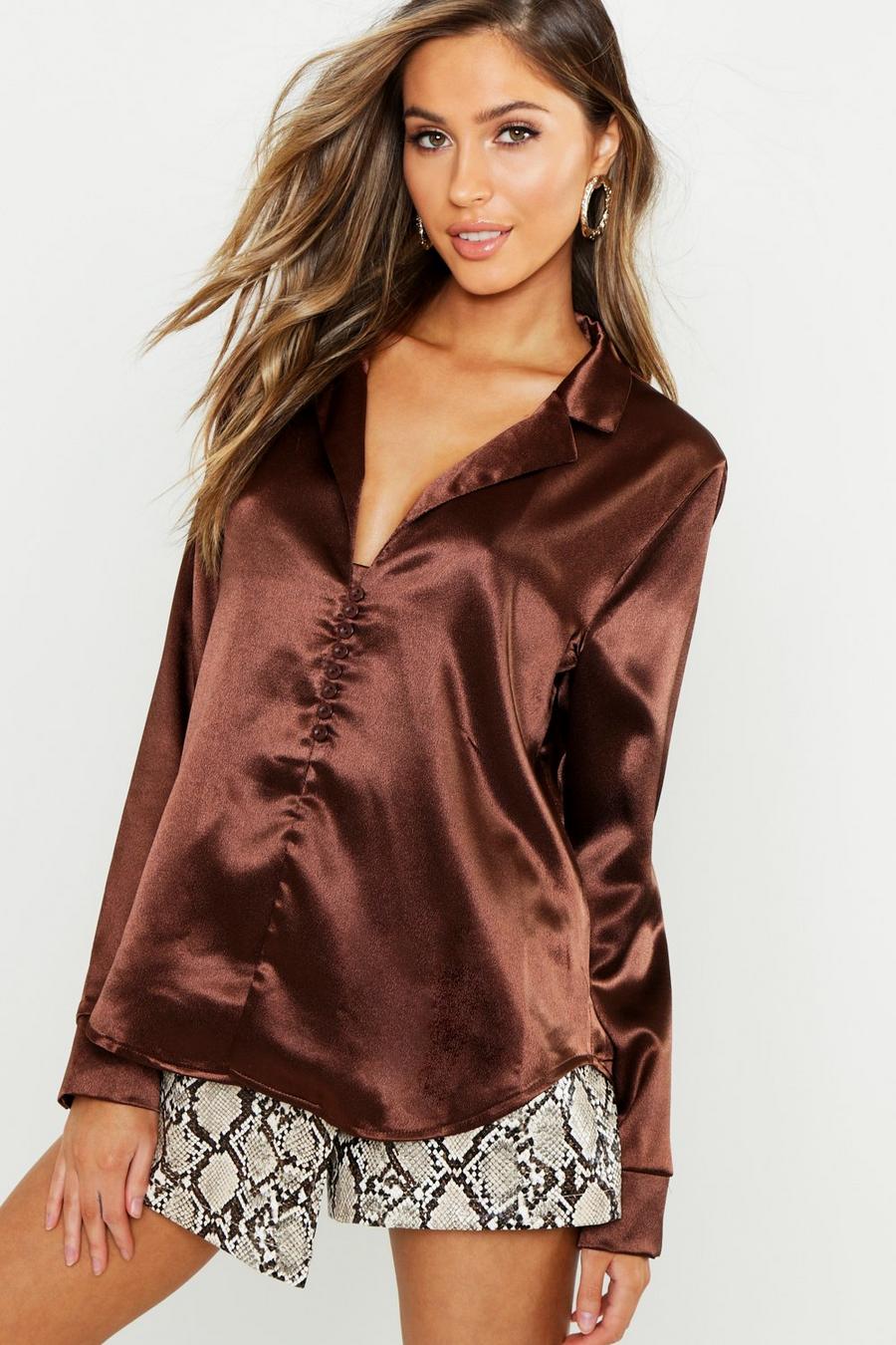 Textured Hammered Satin Revere Button Shirt image number 1