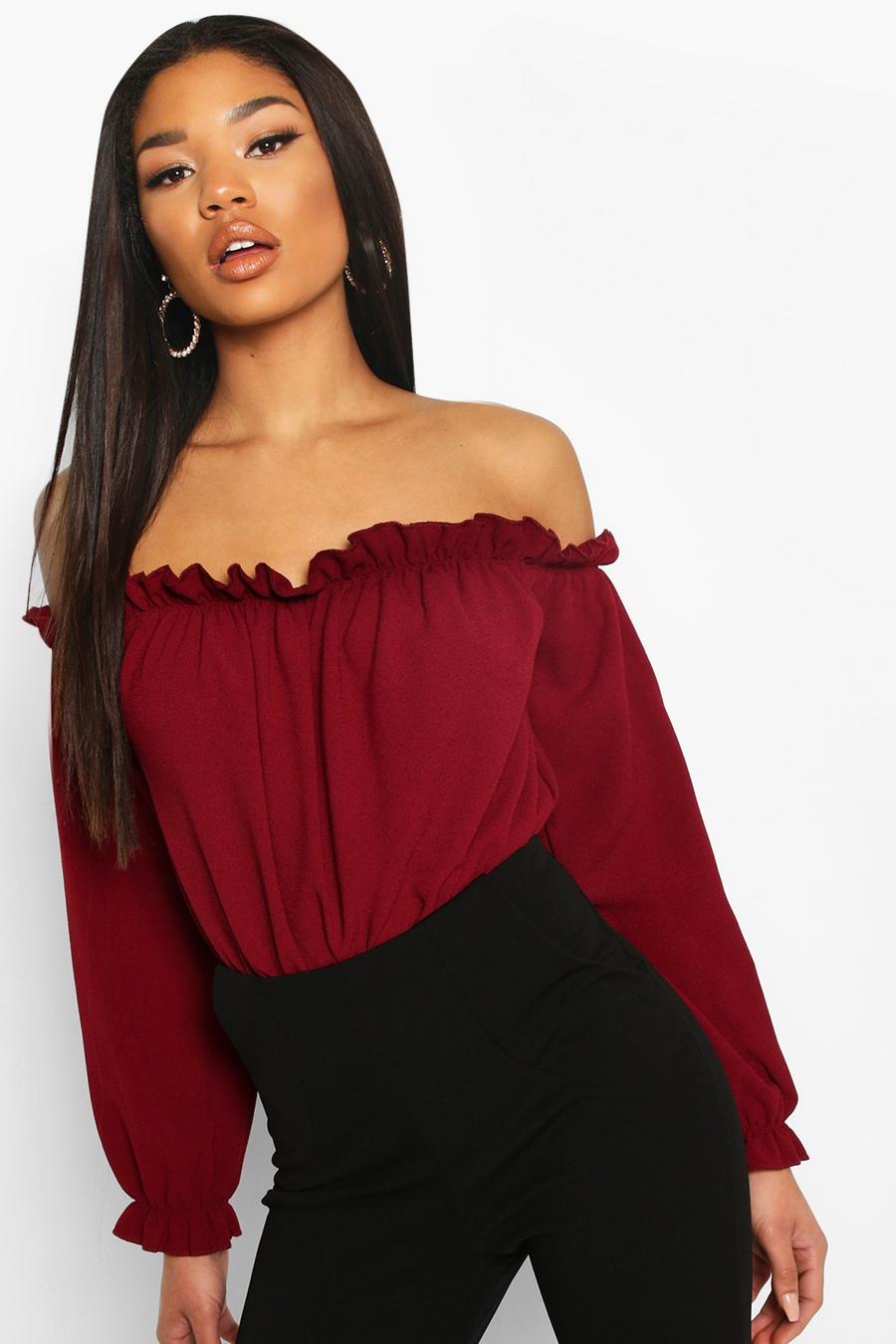 Berry Off The Shoulder Woven Bodysuit image number 1