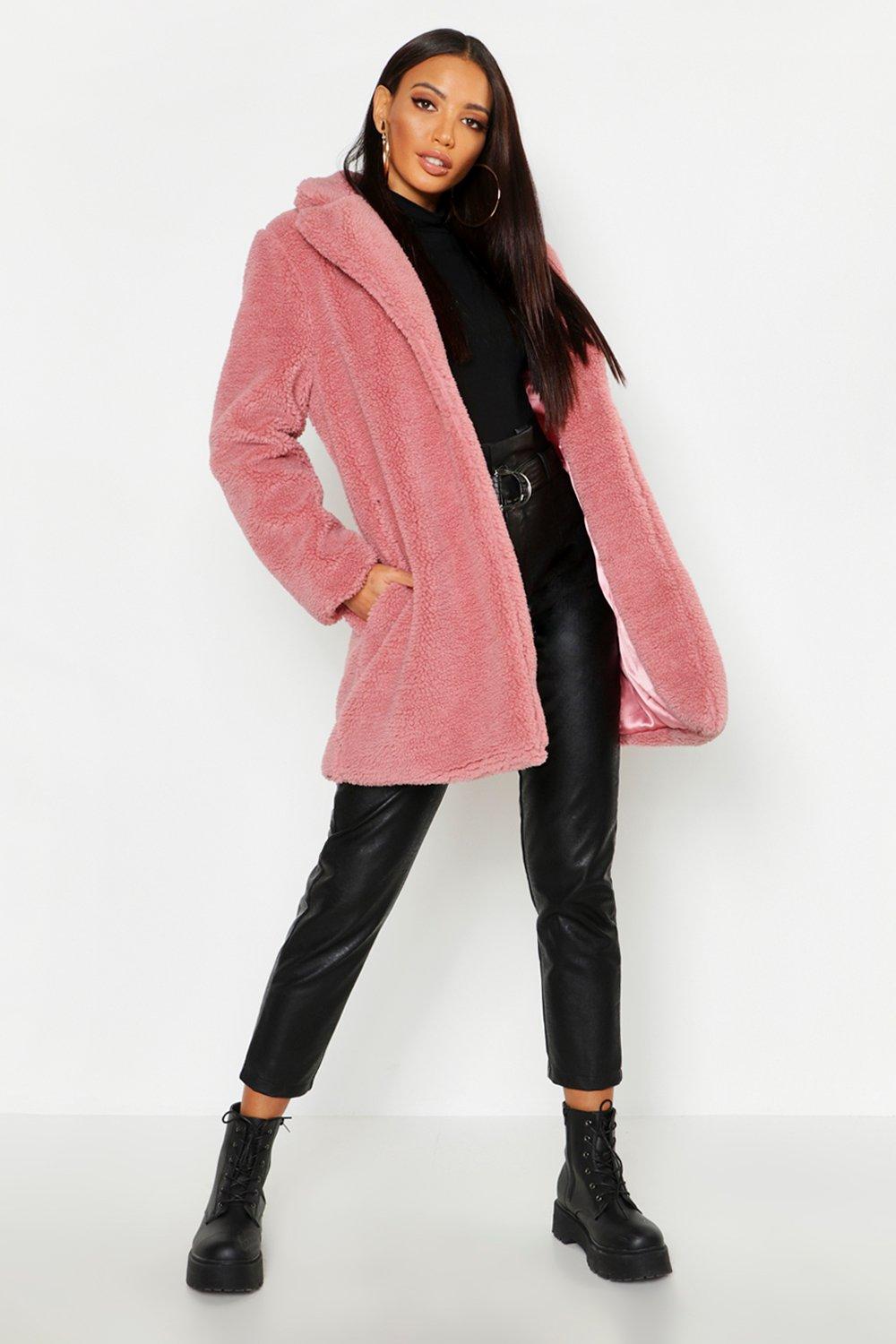 boohoo pink teddy coat