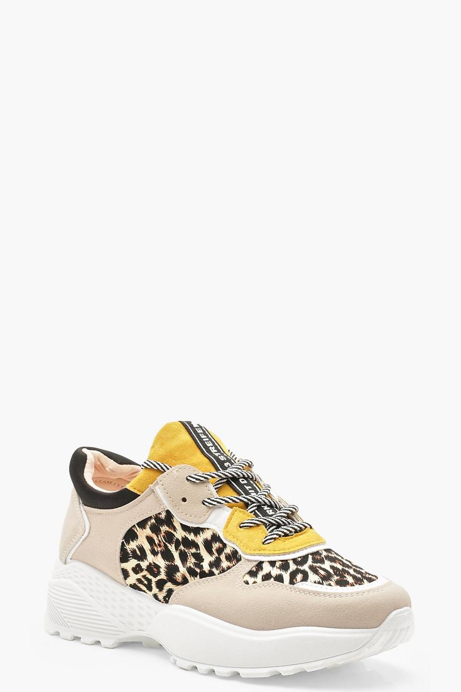 Grey Colour Block Leopard Print Chunky Sneakers image number 1