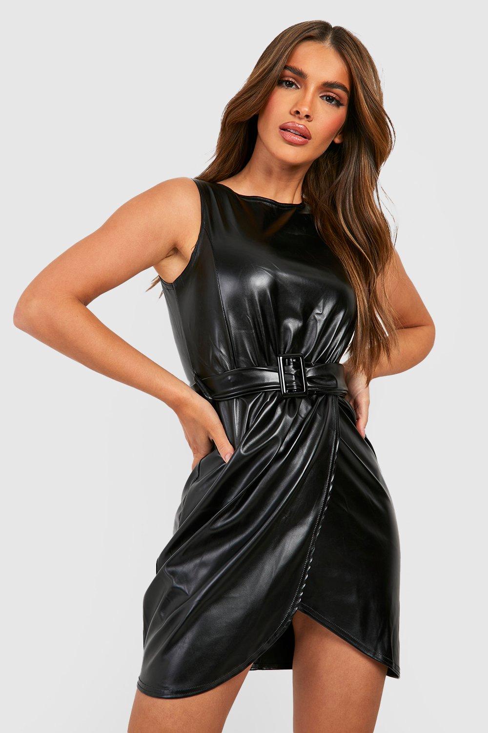 PU Belted Wrap Bodycon Dress | boohoo