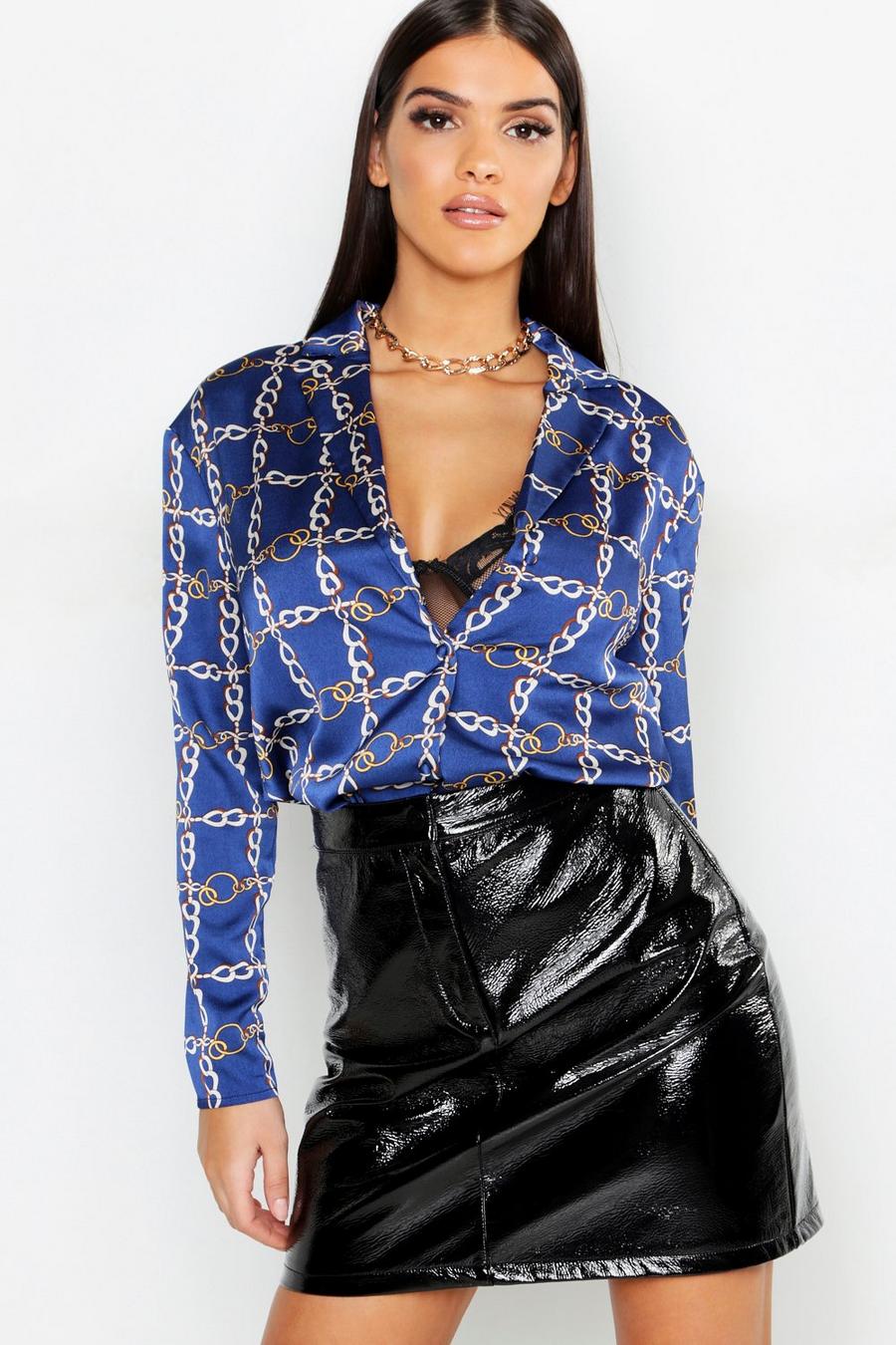 Blue Grid Chain Print Plunge Blouse image number 1