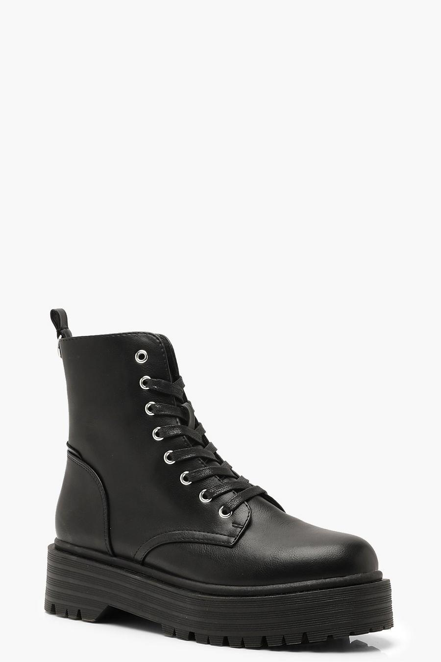 Black Chunky Sole Lace Up Hiker Boots image number 1