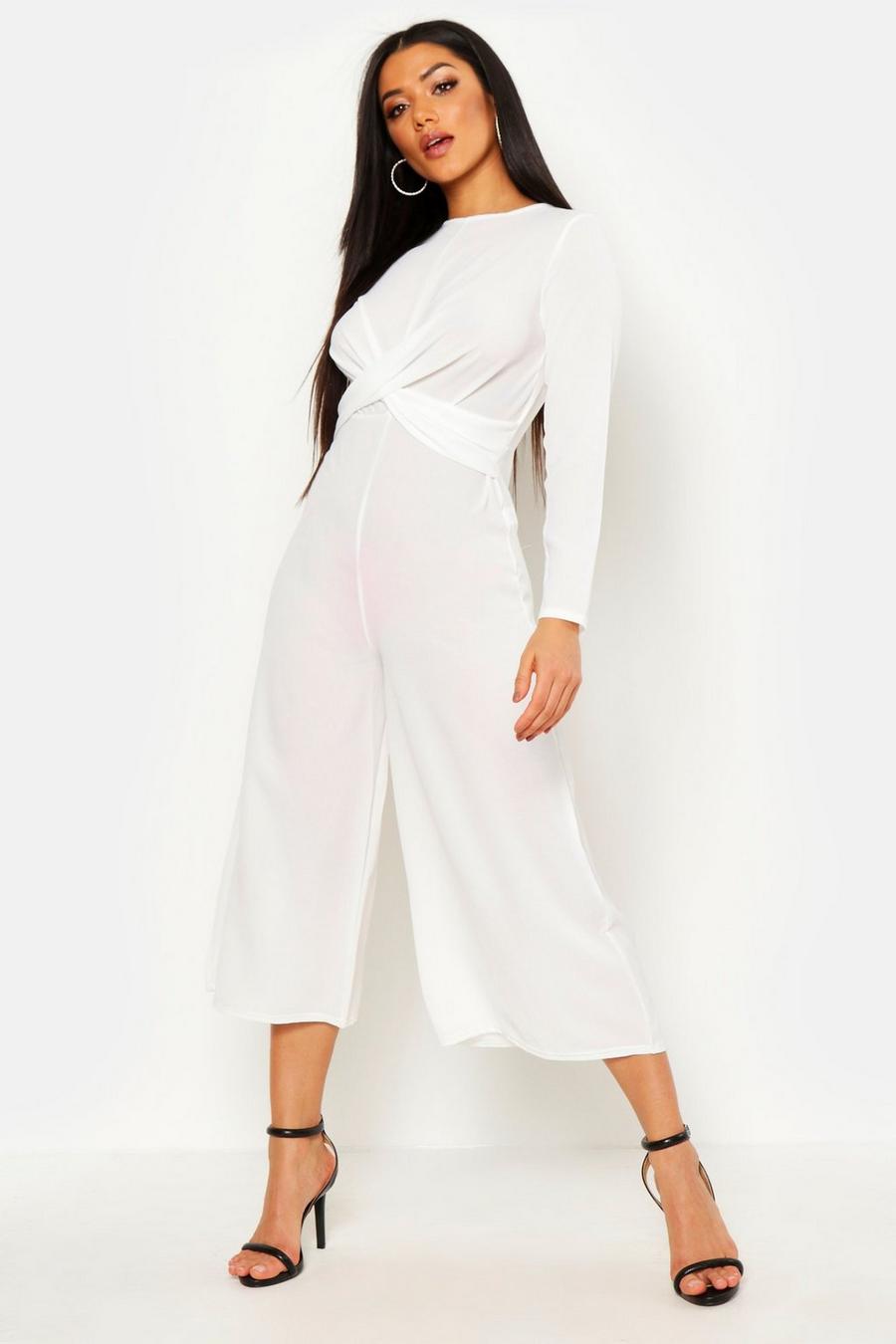 Ivory white Knot Front Woven Culotte Jumpsuit