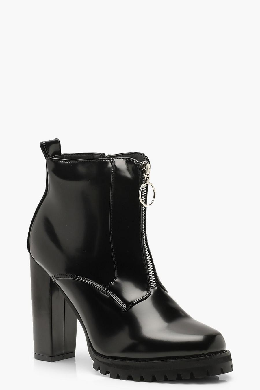 Black Zip Front Chunky Booties image number 1